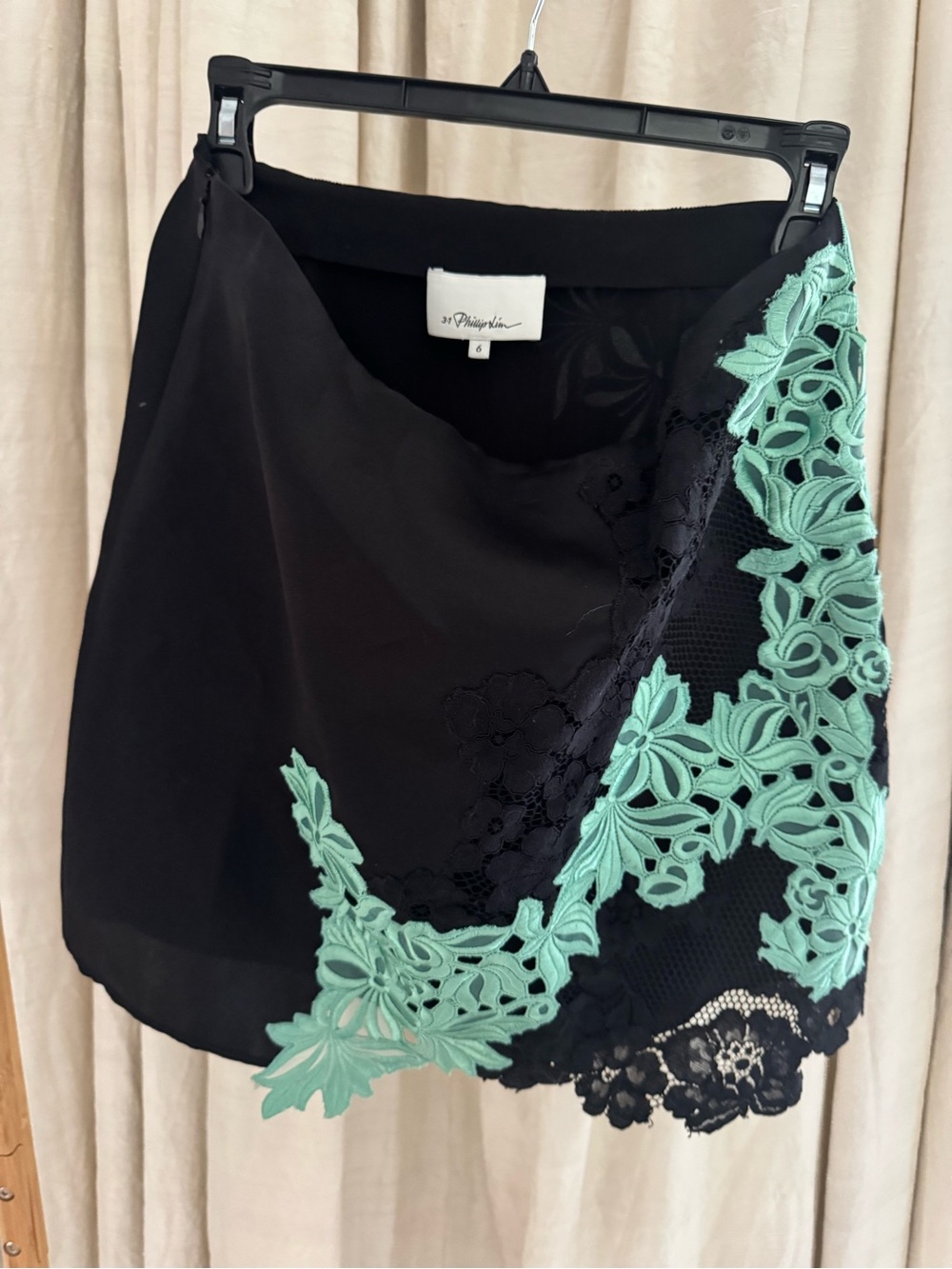 3.1 Phillip Lim Black Mini Skirt with Mint Green Lace Appliqué